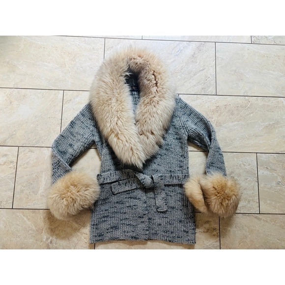 LeRoy Knitwear Sweaters - Vintage LeRoy Knitwear 70s Wool Blend Cardigan Real Lamb Fur Collar Cuffs Grey S